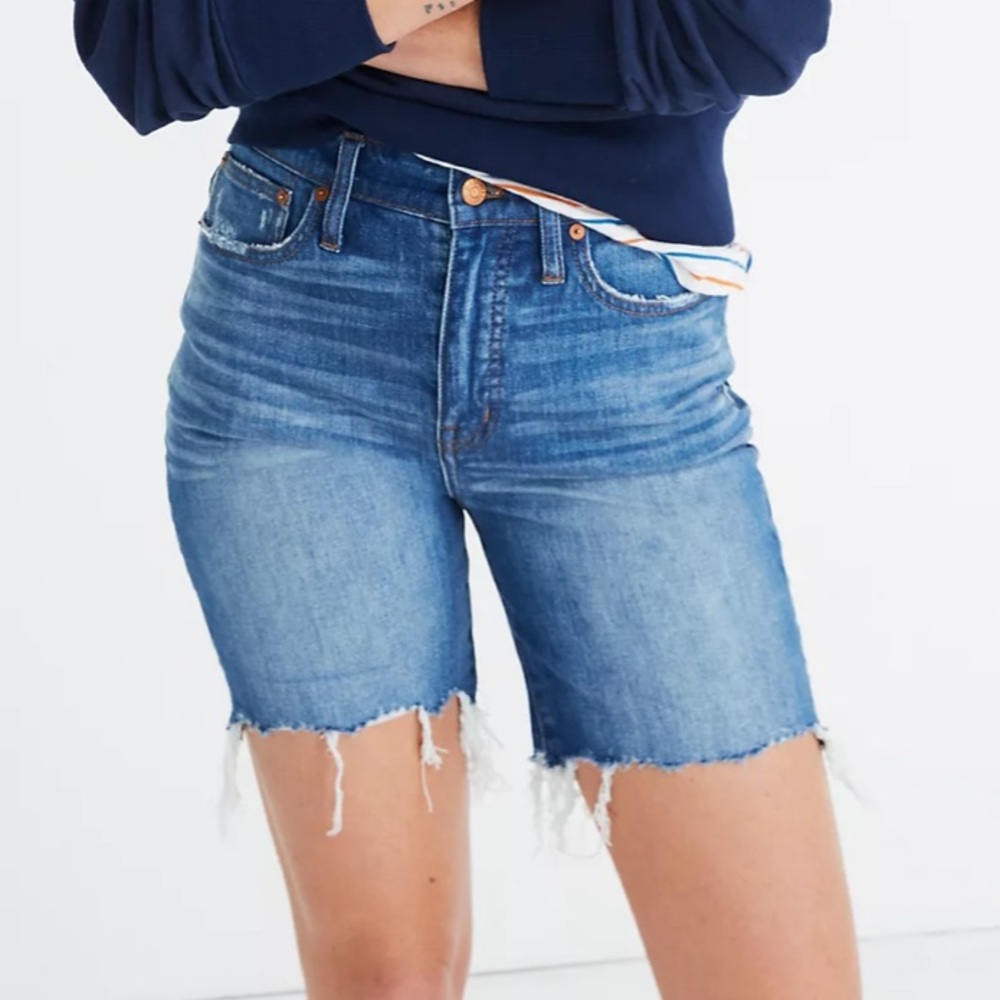 Madewell High-Rise Mid-Length Distressed Denim Shorts in Erwin Wash